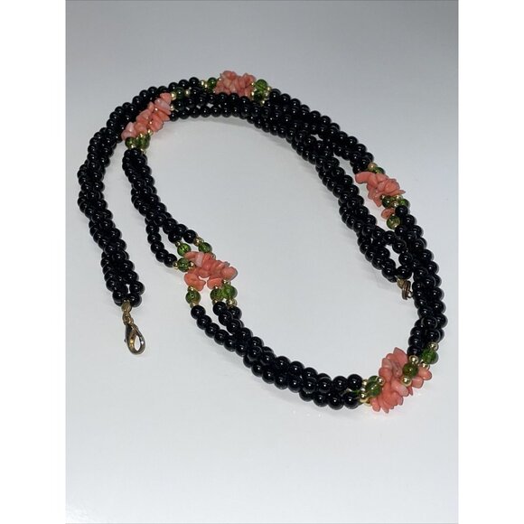 Unbranded Jewelry - Beautiful Vintage Pink Stimulated CORAL & Jade Black Onyx Beaded Necklace A41